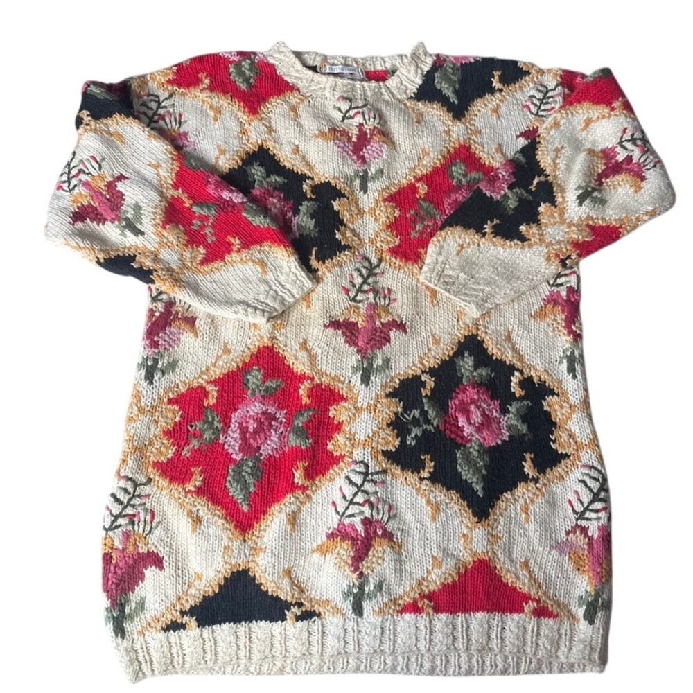 Crystal Kobe Vintage Floral Argyle Knit‎ Sweater M/M Cream Red Black